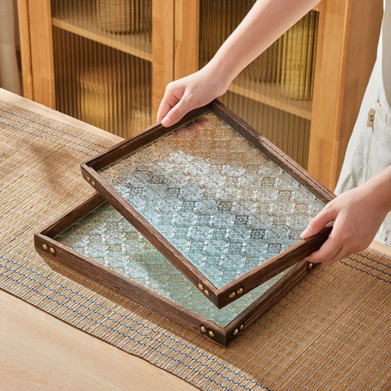 Vintage Glass & Wood Serving Tray